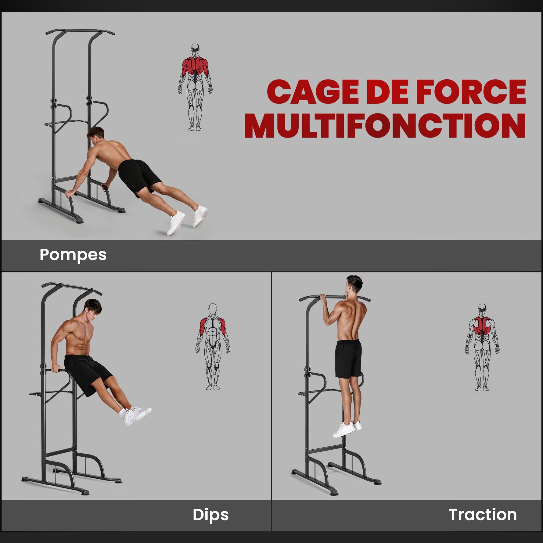 Power Tower Dip Station, Barre de traction, Barre de dips, Hauteur Réglable, Poignées en Forme U, 98x102x180-212cm, Noir