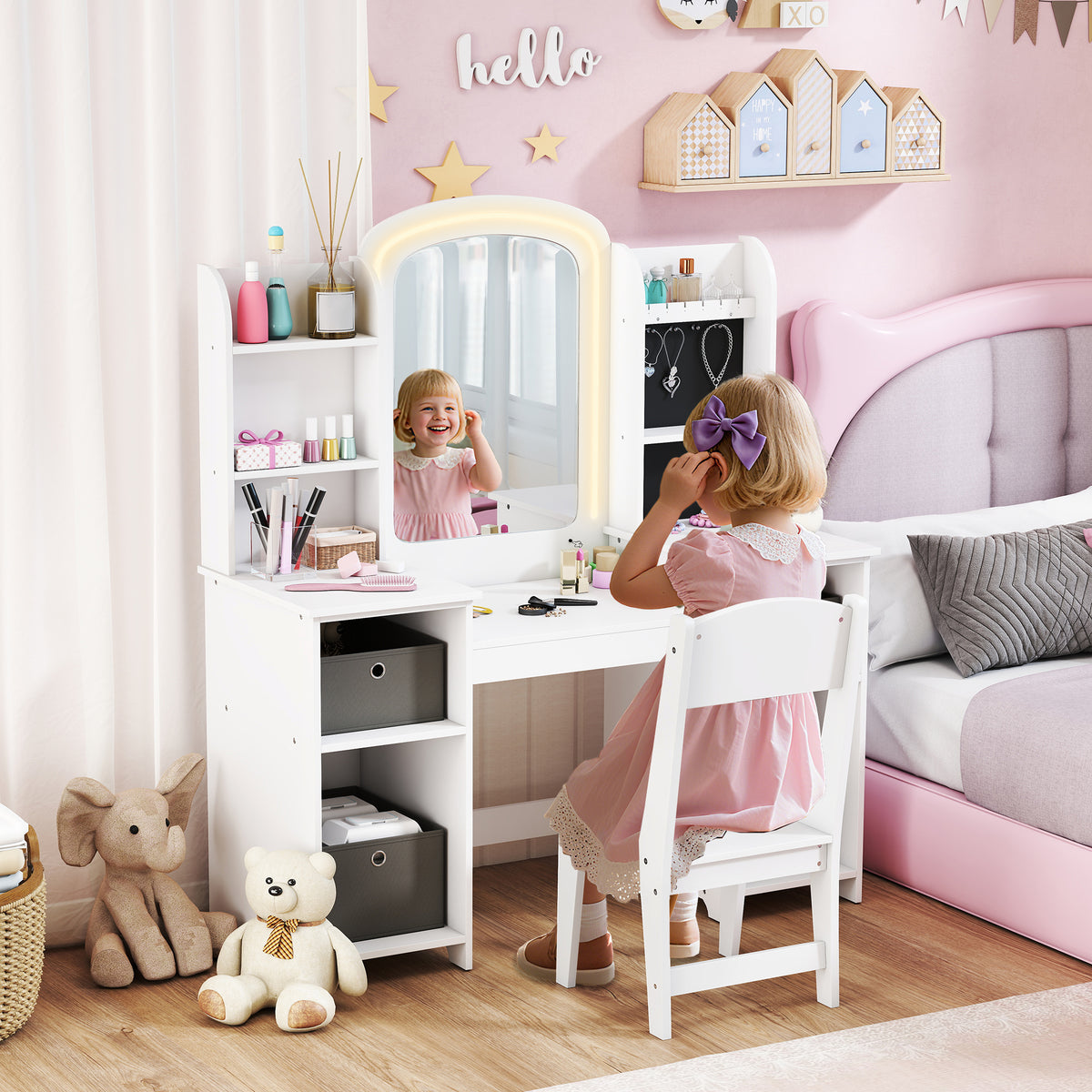Tocador infantil con taburete y espejo LED, mesa de maquillaje para niños de 3 a 8 años, 104 x 40 x 112 cm, blanco