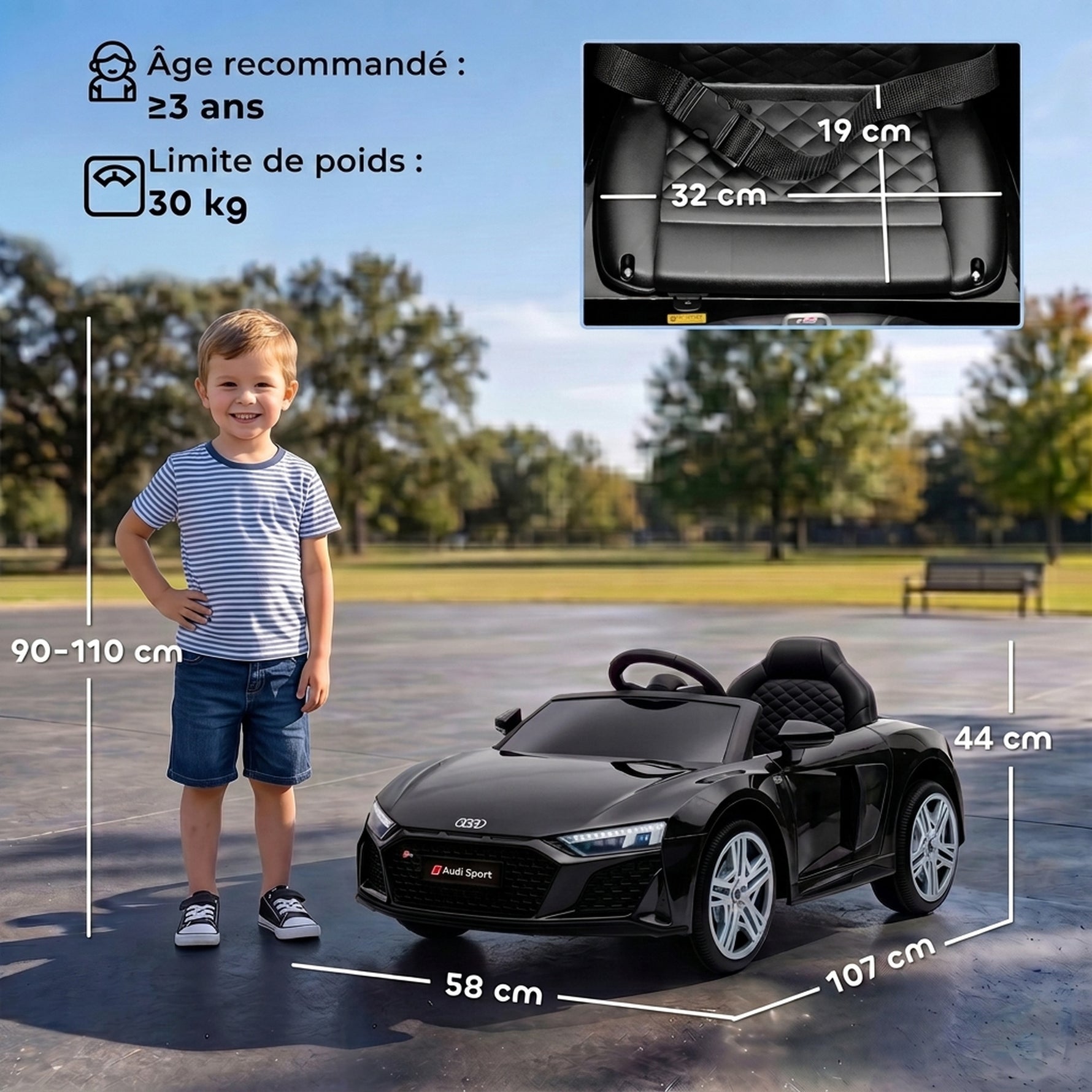 Voiture Électrique Enfants 12V Audi R8 Spyder, Véhicule Électrique, 2 Moteurs, Télécommande 2,4G, Batterie Lithium, Noir