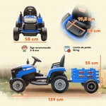 Tracteur électrique enfants avec remorque amovible, voiture électrique enfants, télécommande 2,4G, 139x58x55cm, bleu