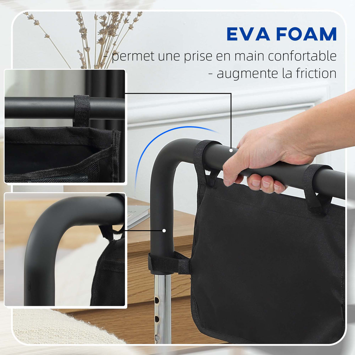 Barra de apoyo para cama, barrera segura, protector, asa ajustable en 5 alturas, bolsillo de almacenamiento, 87Lx51.5Ax45-55H cm