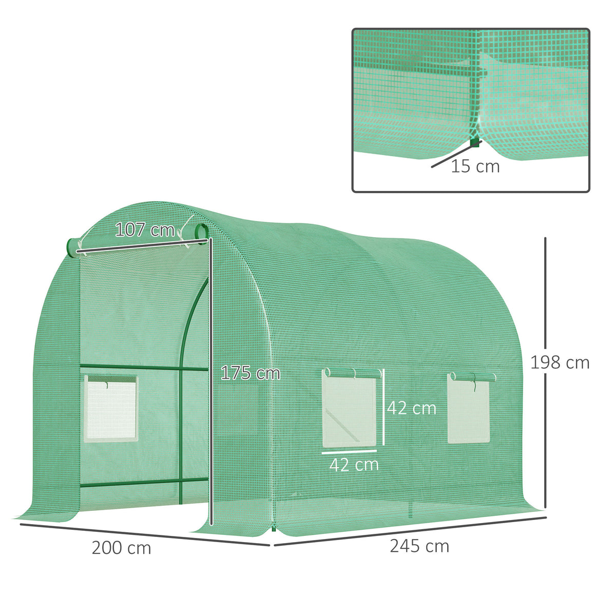 Serre de Jardin Tunnel 5 m² 2,5L x 2l x 2H m Acier renforcé Ø 1,8 cm + PE Haute densité 140 g/m² fenêtres Vert