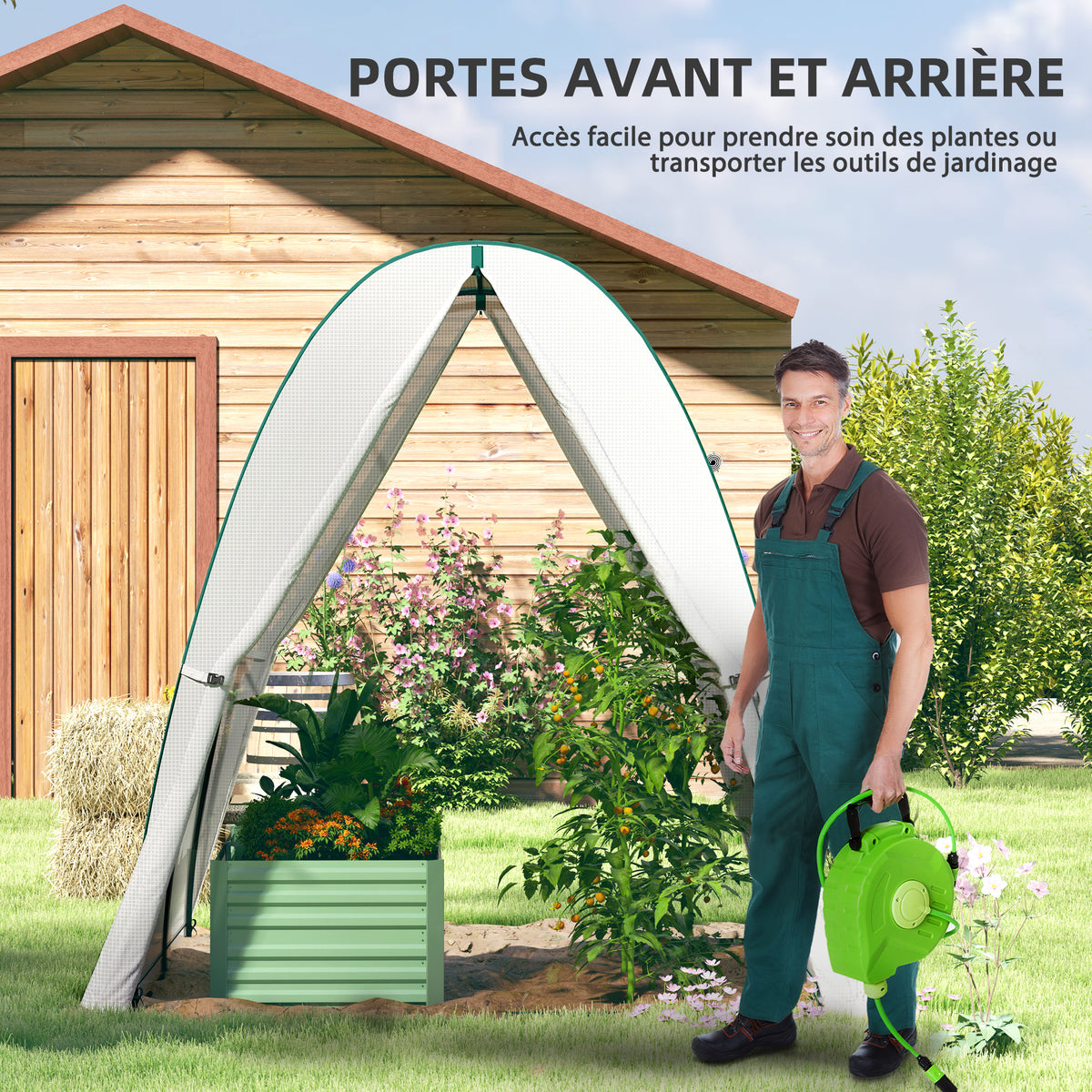 Serre de jardin 1,8 x 1,8 x 2 m avec portes enroulables et grandes fenêtres, serre tunnel de jardin, blanc