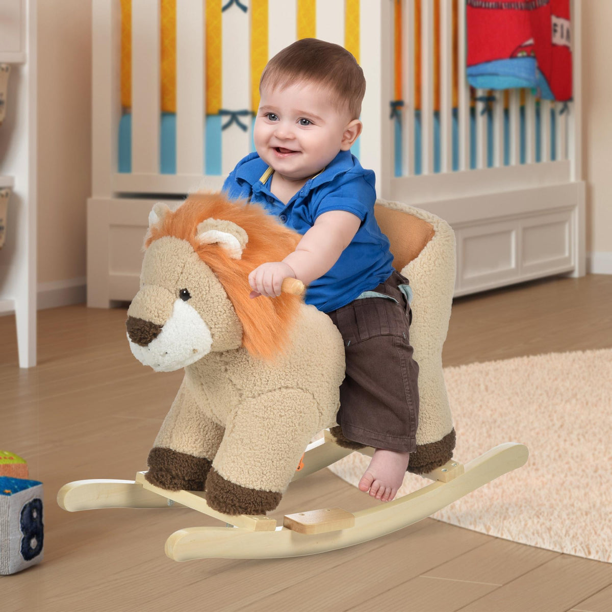 Cheval à Bascule modèle Lion Fonction Musicale Selle Grand Confort Peluche Courte Douce Pour Enfants 18-36 Mois Bois peuplier Marron dim. 68L x 35l x 50H cm