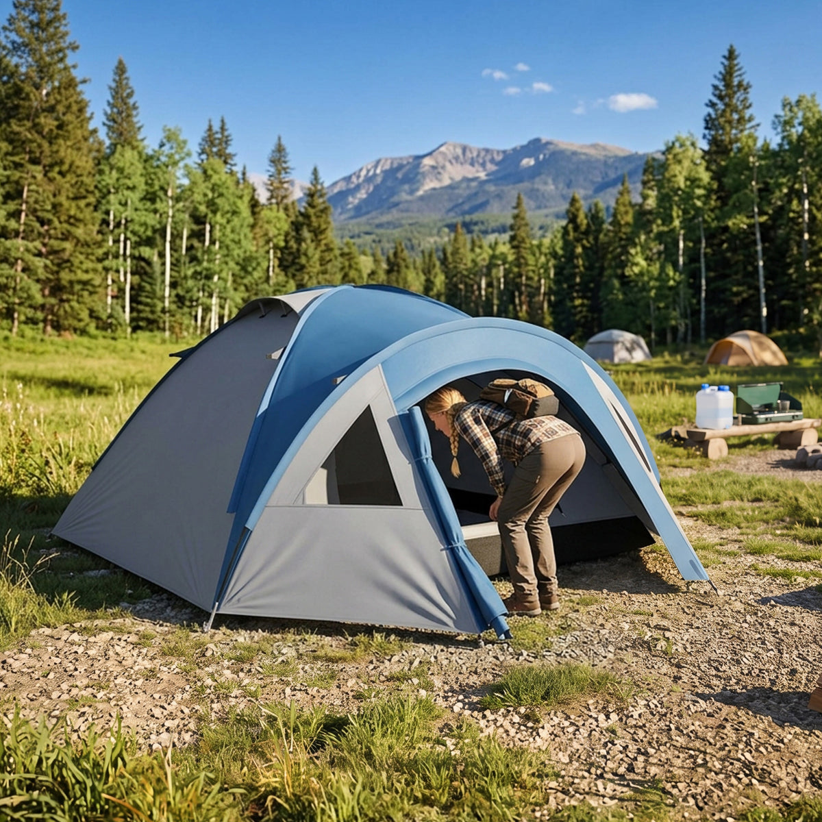 Tenda da campeggio familiare per 3 persone, tenda a cupola impermeabile leggera, ventilata, facile da montare, doppia porta e