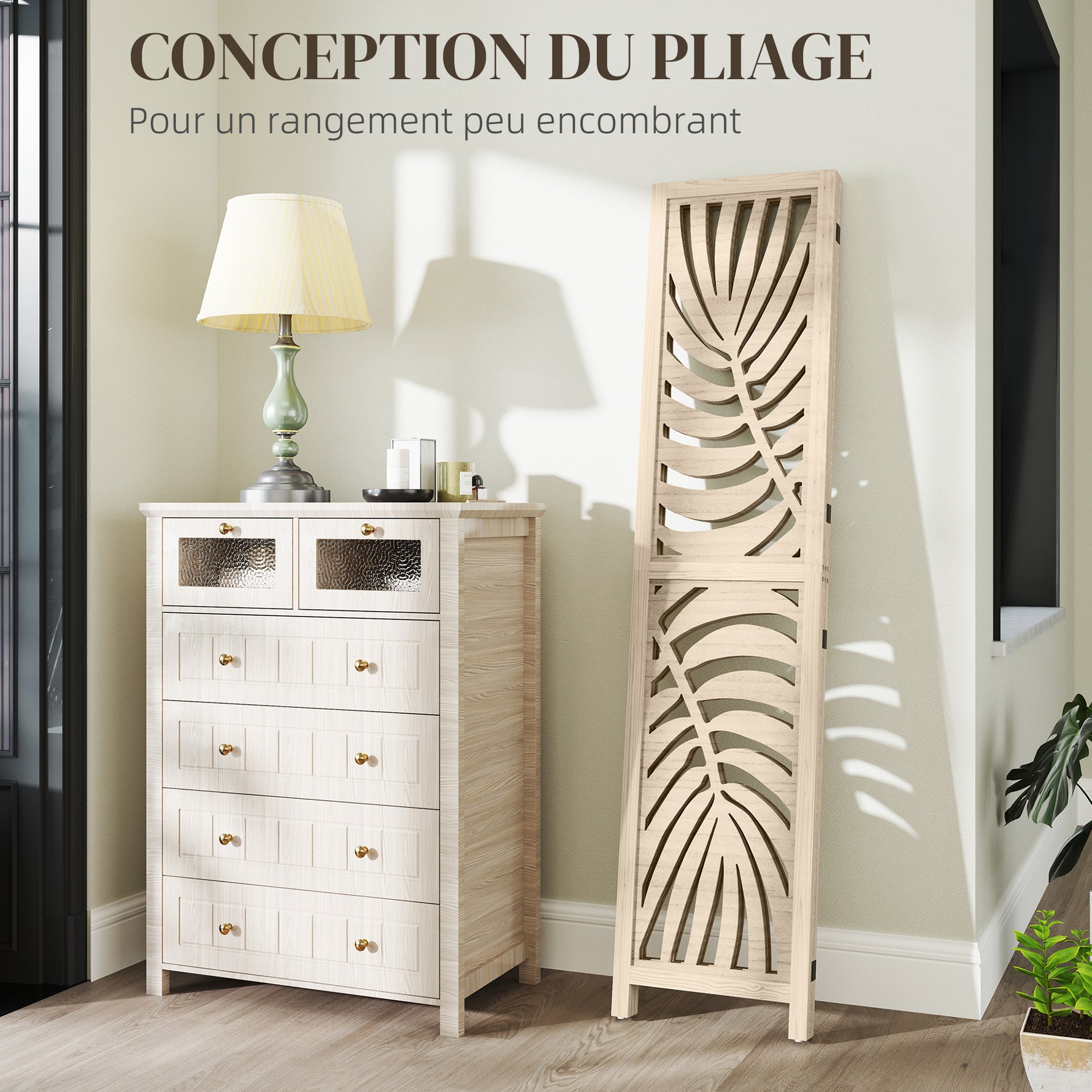 Paravent interieur en bois 3 panneaux 120 x 170 cm, pliable et portable, motif de feuille, design amovible, bois naturel