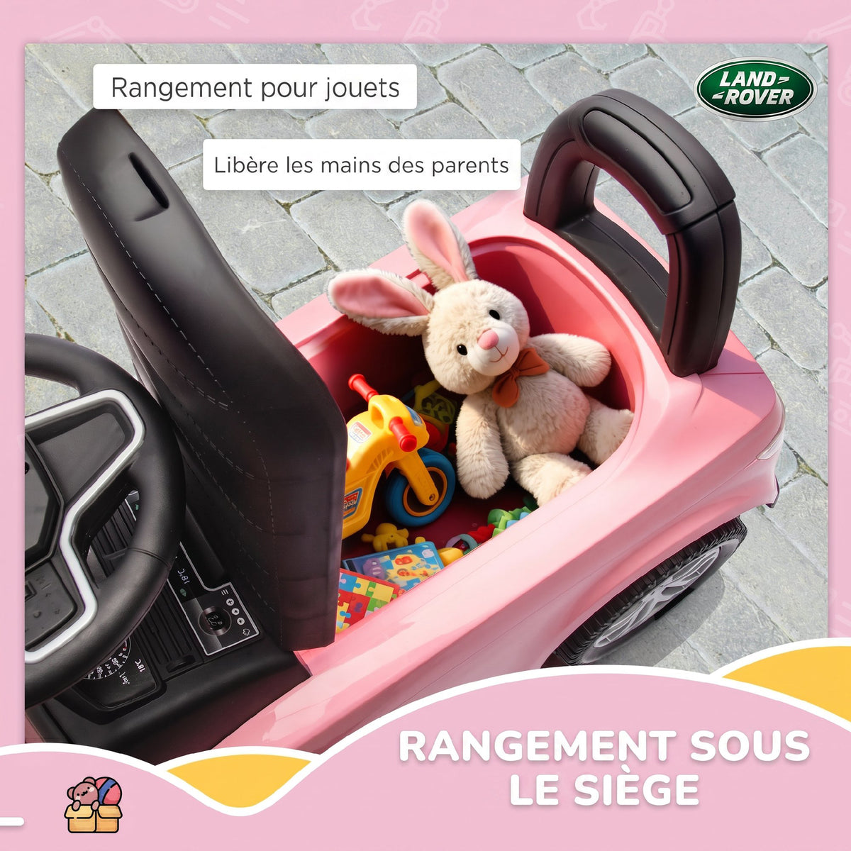 Porteur enfants voiture sous licence Land Rover, véhicule à pousser, klaxon, sons de moteur, rangement sous siège, rose