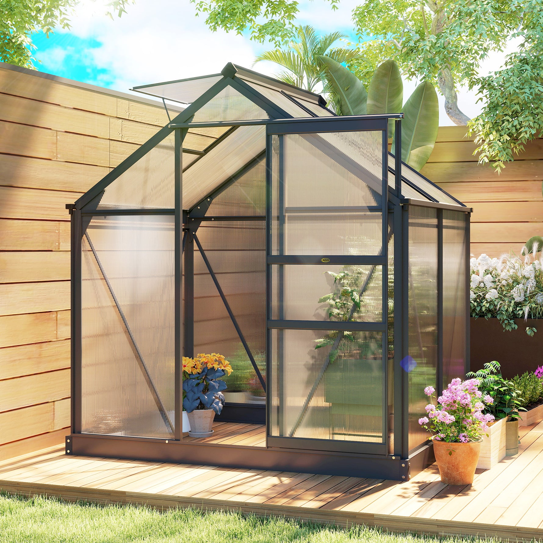 Serre de jardin polycarbonate 190 x 132 x 201 cm résistant aux UV 30+ fondation renforcé gouttière gris