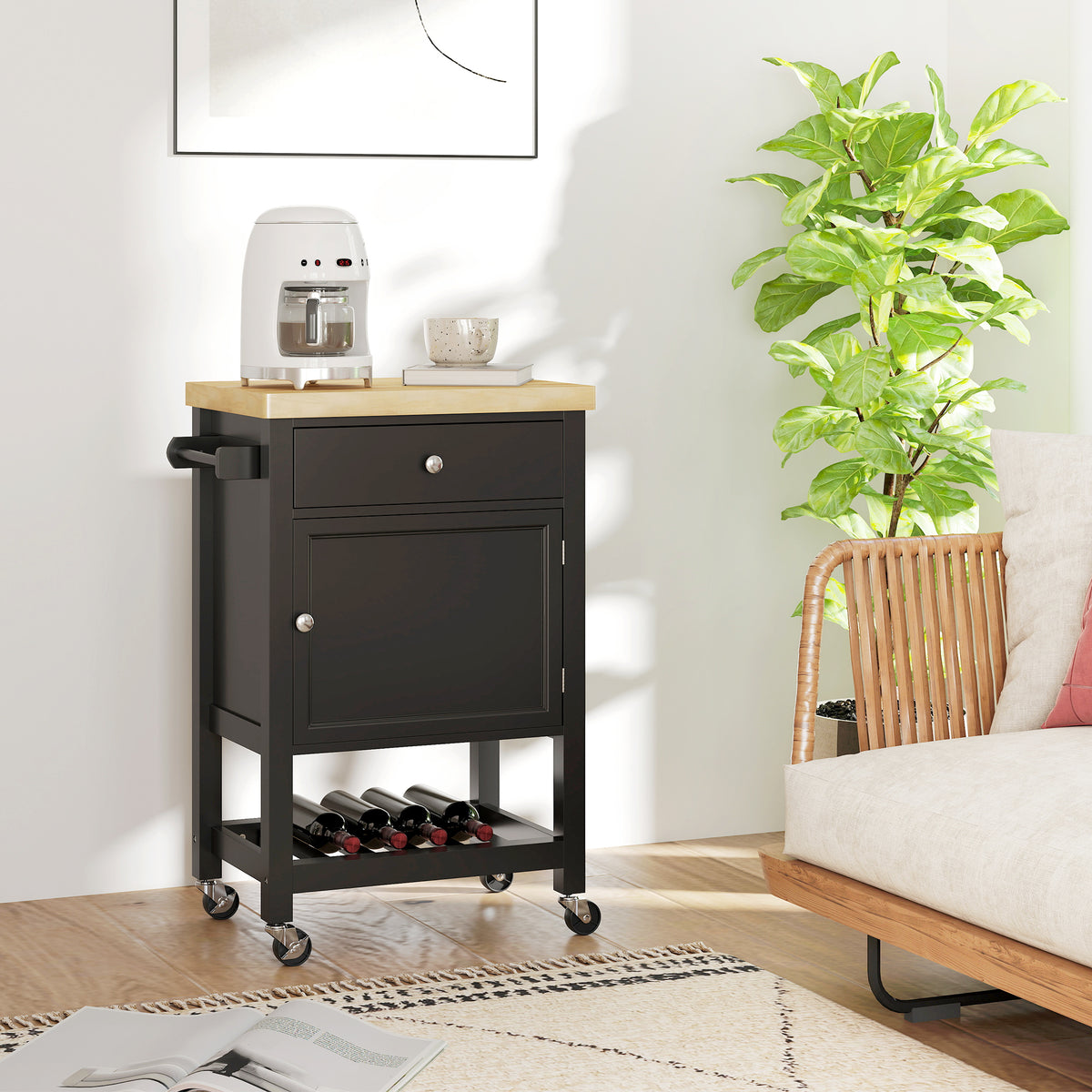 Carrello da cucina con ruote, carrello di servizio, piano di lavoro in legno di gomma, cassetto, 63,5 x 40 x 90 cm, nero
