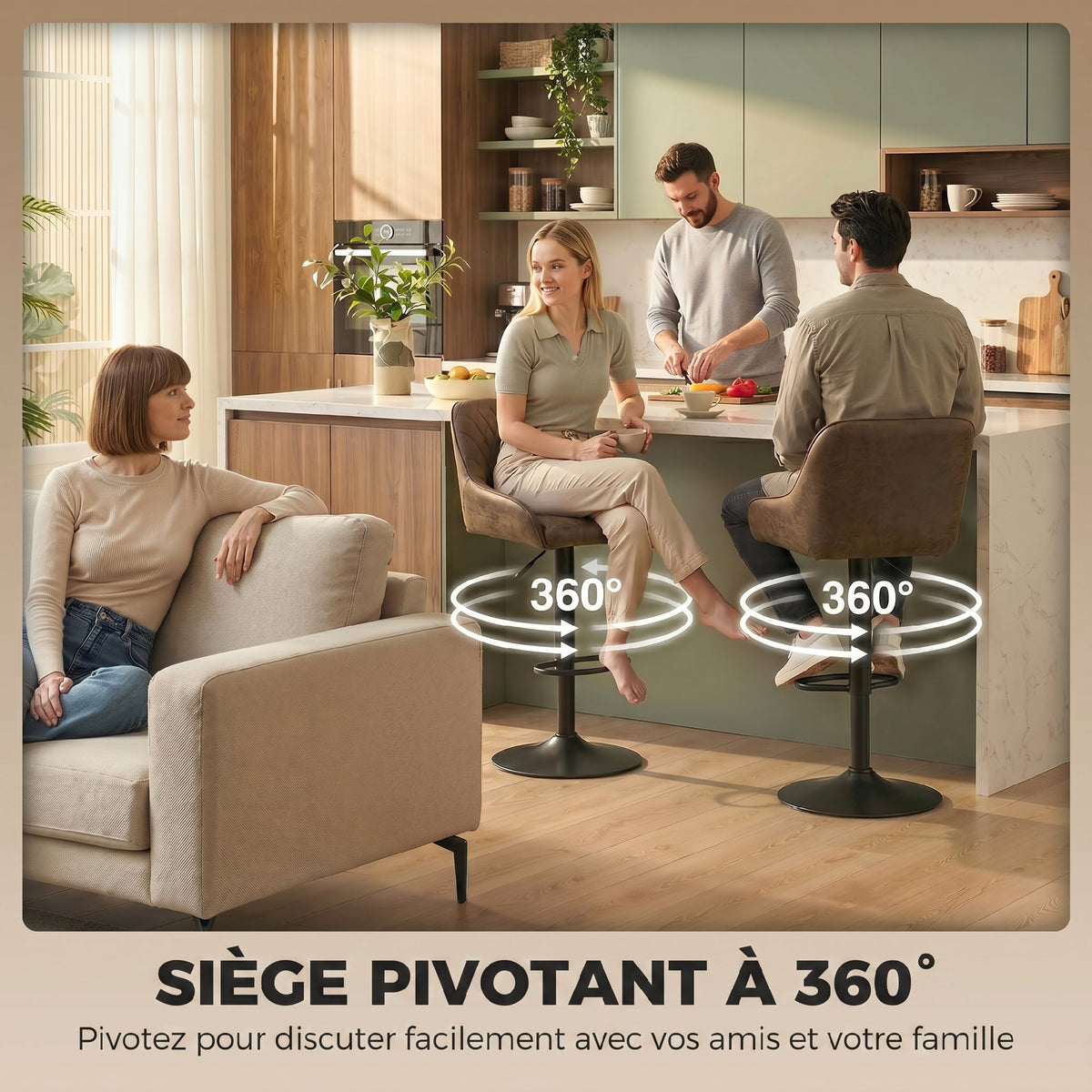 Lot de 2 Tabourets de Bar, Tabourets Hauts Cuisine avec Siège Pivotant et Hauteur Réglable, Marron Foncé