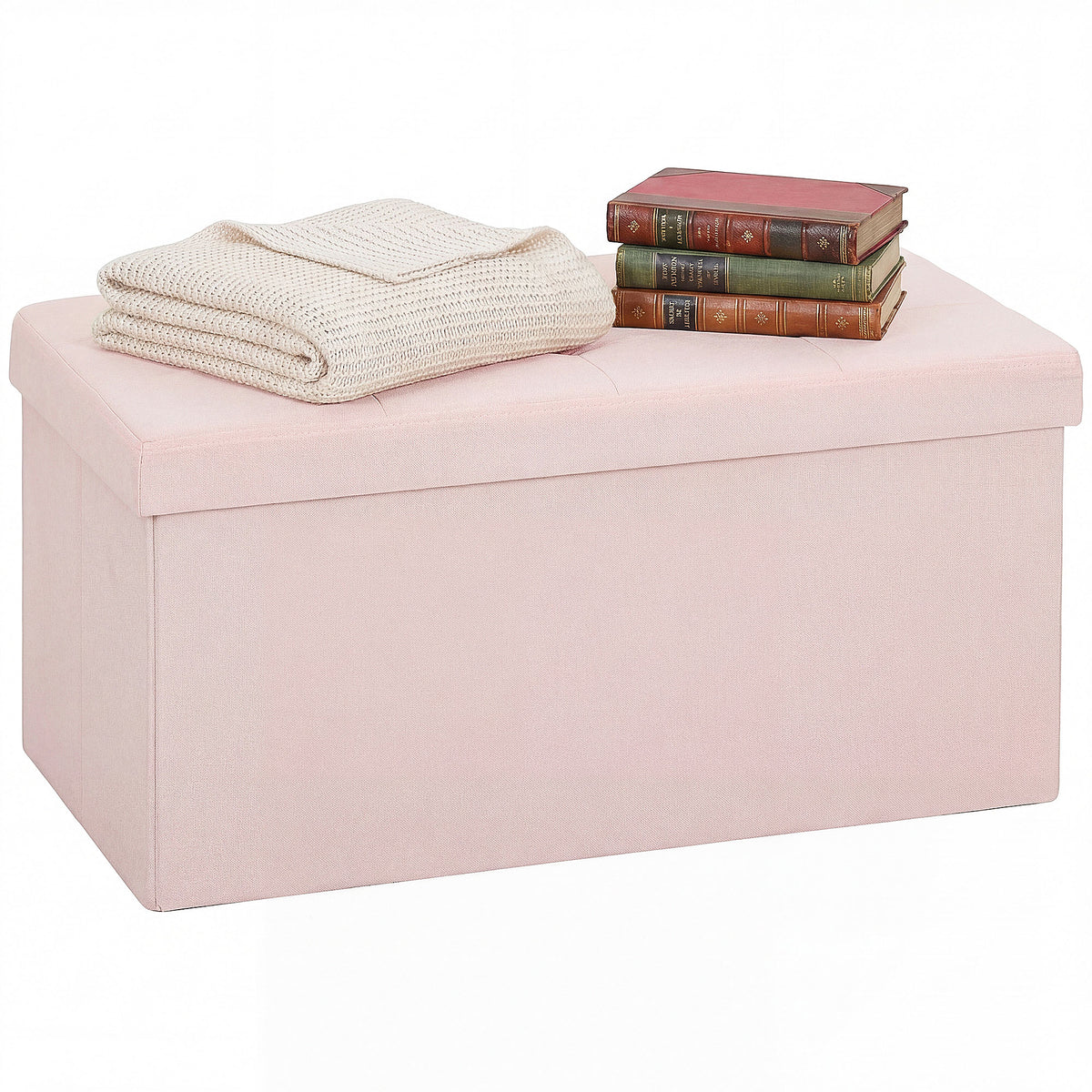 Banc de Rangement, Pouf de Rangement Pliable, Bout de Lit, Repose-Pieds avec Couvercle, 76L x 38l x 38H cm, Rose