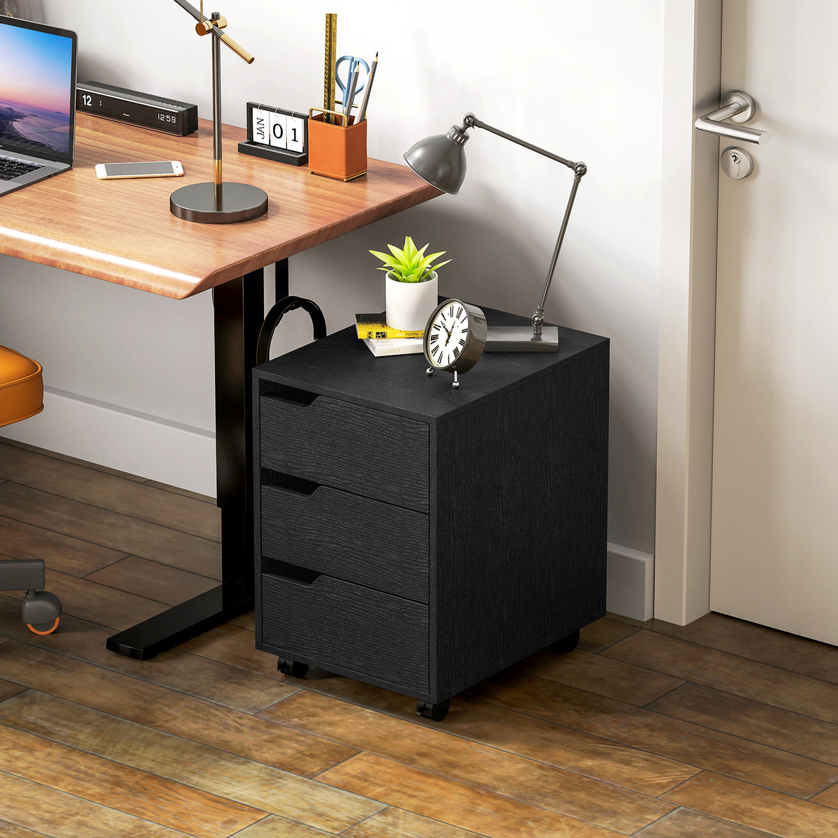 Caisson bureau mobile, meuble rangement bureau sur roulettes, 3 tiroirs, 40x50x57,5cm, noir