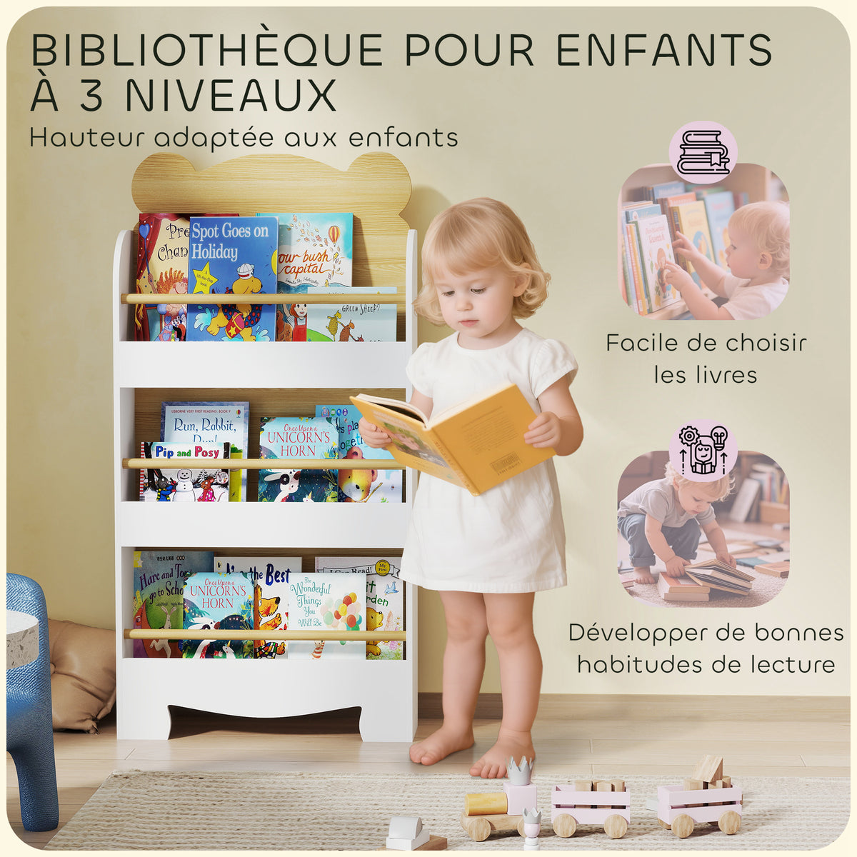 Bibliothèque pour enfant, rangement livre enfant 3 niveaux pour salle de jeux, chambre d'enfant, bois naturel