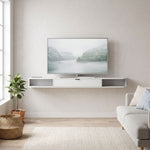Meuble TV Suspendu, Meuble Télé pour Téléviseur jusqu'à 75 Pouces, Tiroir Rabattable, 2 Étagères, 180x24x16cm, Blanc