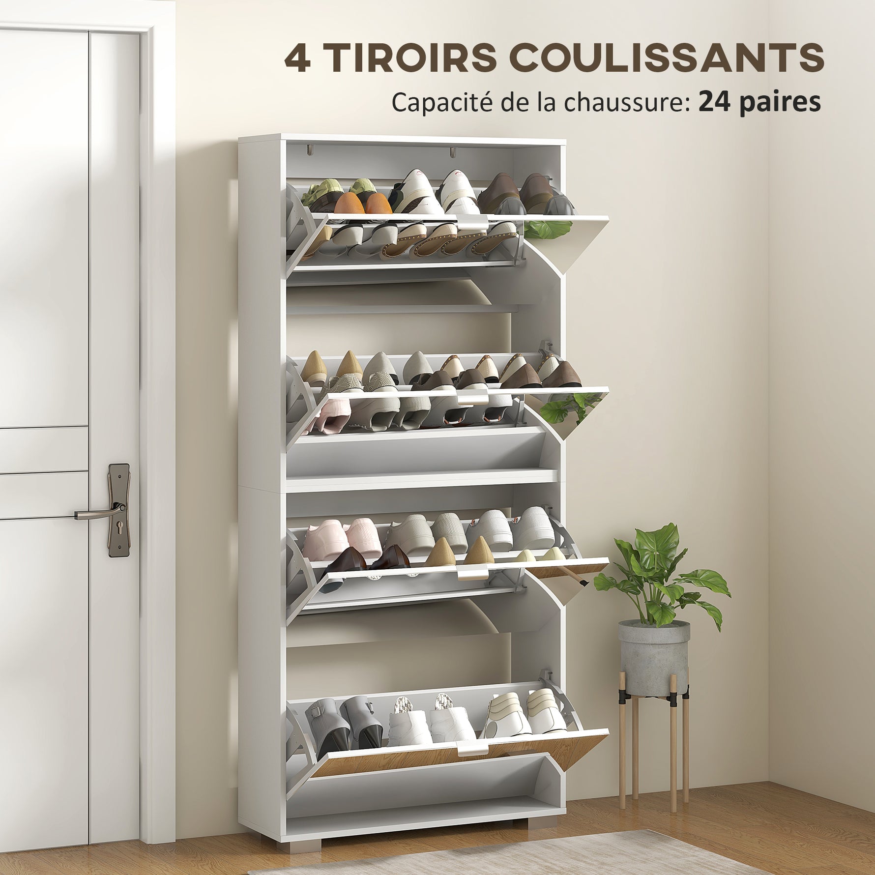 Meuble à chaussures 2 en 1 façades miroir 4 portes abattants, étagères réglables, jusqu'à 24 paires, 76l x 26P x 168H cm