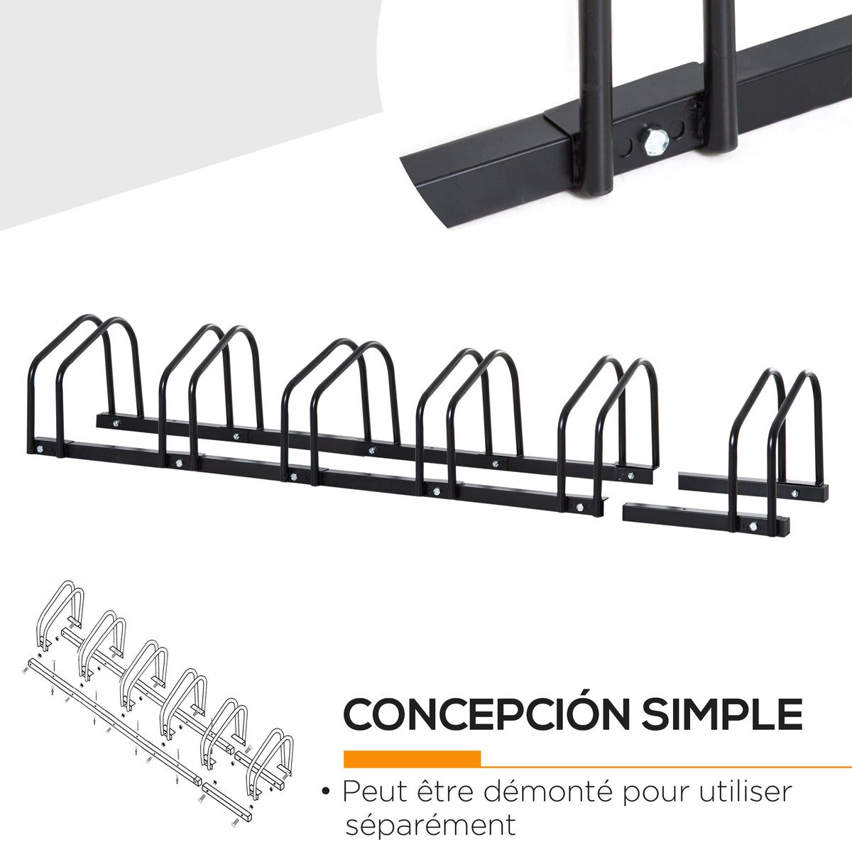 Râtelier 6 vélos range-vélos support de rangement pneu 65 mm sol ou mural pour VTT enfants BMX 179 x 33 x 27 cm acier noir