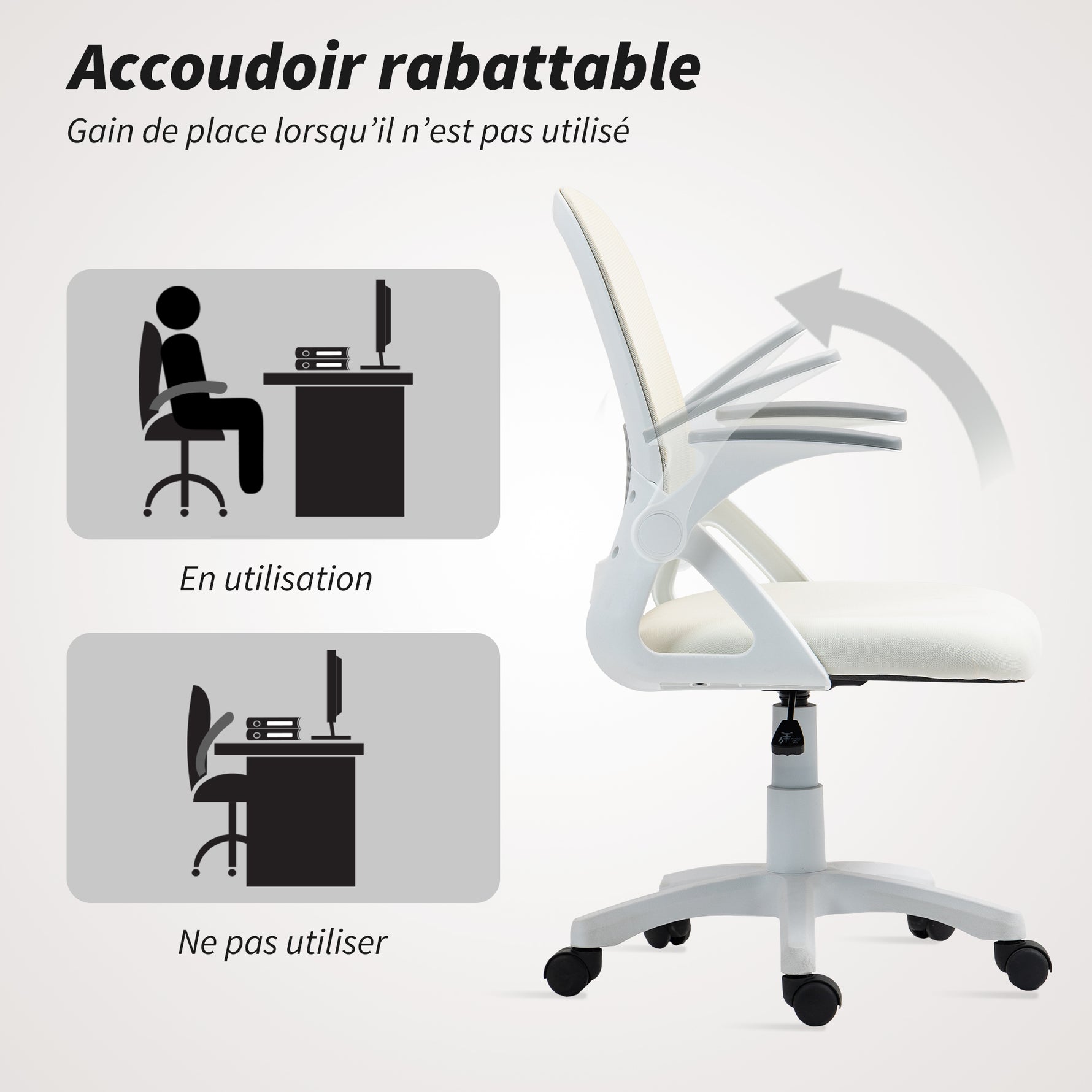 Chaise bureau ergonomique, fauteuil de bureau en maille avec accoudoirs relevables, hauteur réglable, blanc