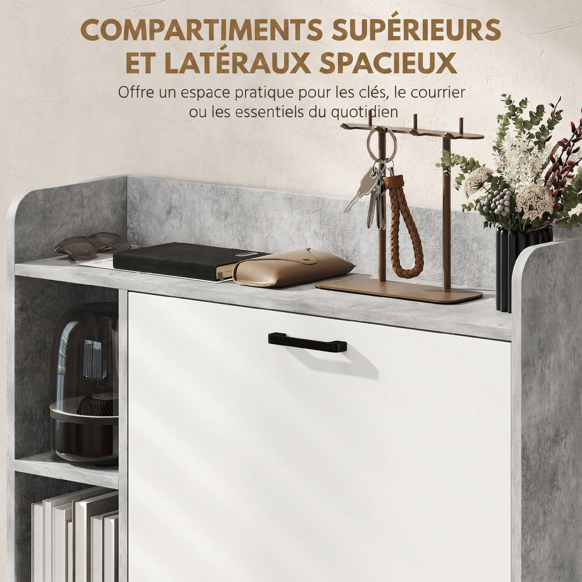 Meuble à chaussures 15 paires, armoire à chaussures moderne avec 2 tiroirs rabattables, 83x24x90,5cm, blanc et gris