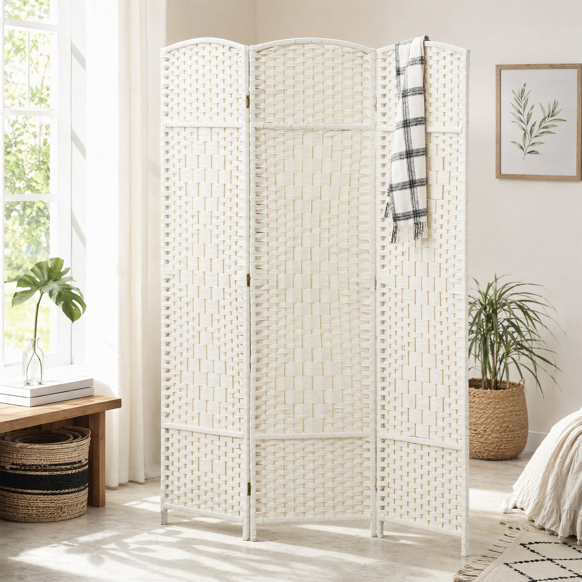 Paravent intérieur en bois 3 panneaux séparateur de pièce pliable pour salon chambre 135 x 180 cm blanc