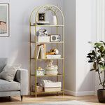 Libreria scaffale in vetro a 5 ripiani ad arco per soggiorno, ufficio, camera da letto, 60 x 30 x 175 cm, dorato