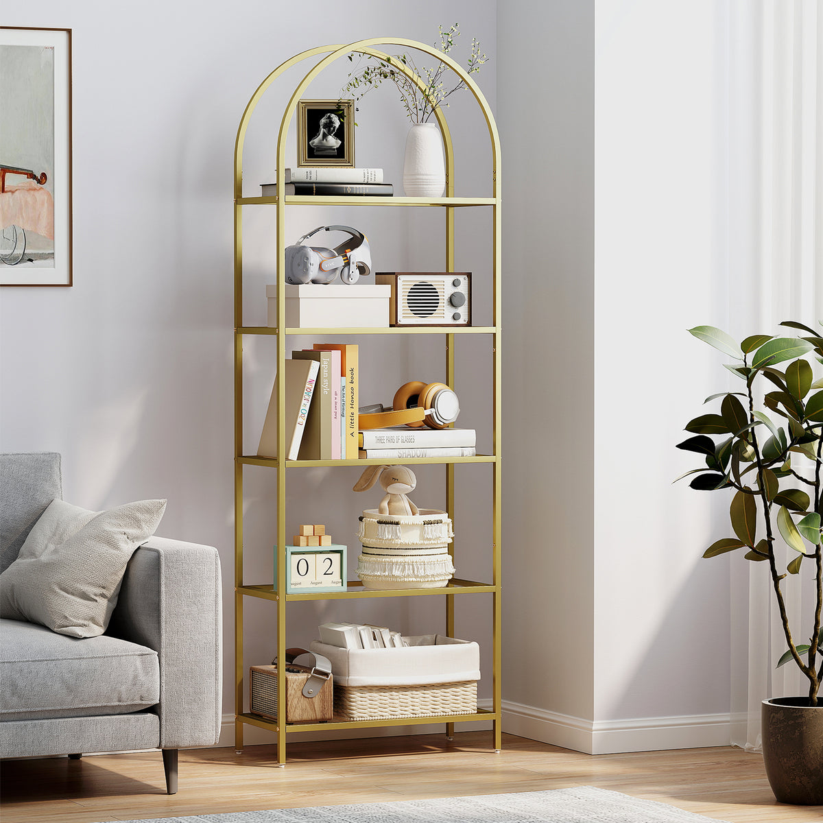 Libreria scaffale in vetro a 5 ripiani ad arco per soggiorno, ufficio, camera da letto, 60 x 30 x 175 cm, dorato
