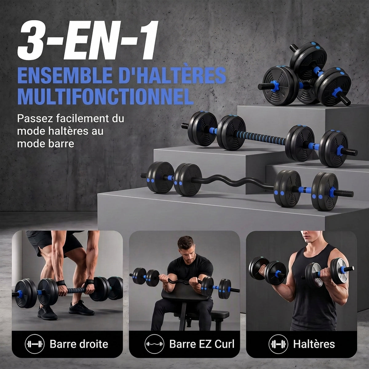Kit haltères musculation haltères réglables 15 kg 3 en 1, ensemble de poids réglable avec barre d'extension noir