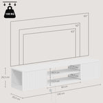 Mobile TV sospeso galleggiante 140cm con illuminazione LED e prese, 2 ante scanalate e ripiano regolabile, bianco