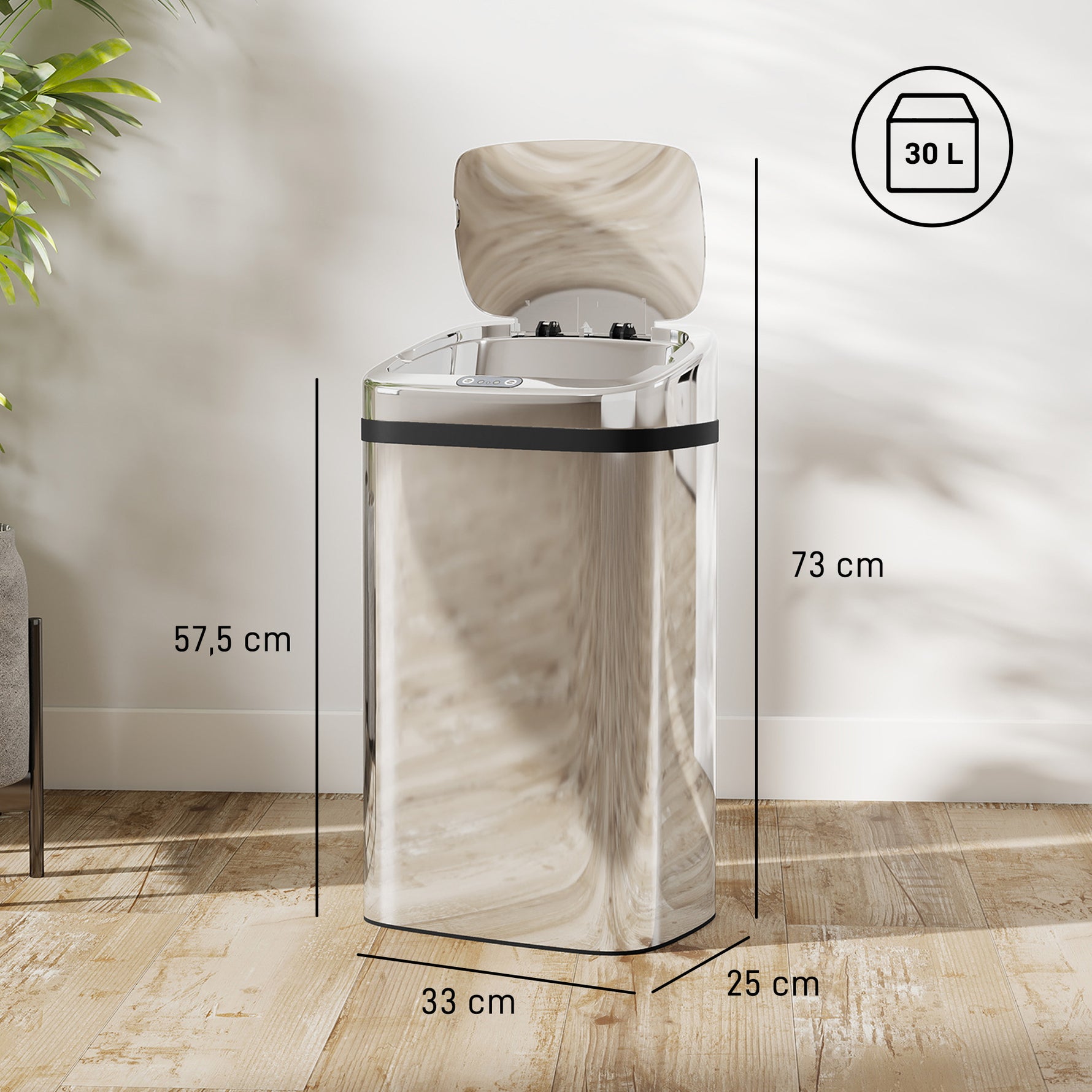 Poubelle à capteur de mouvement ouverture automatique 1 bac de 30 L en acier inoxydable