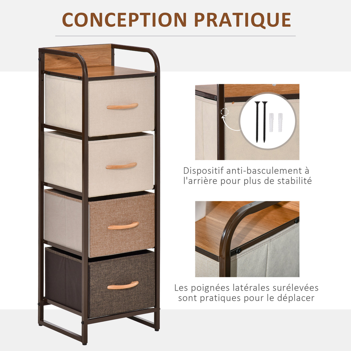 Commode chiffonnier 5 tiroirs meuble de rangement tiroir en tissu pliant - structure acier noir - 45 x 30 x 116 cm