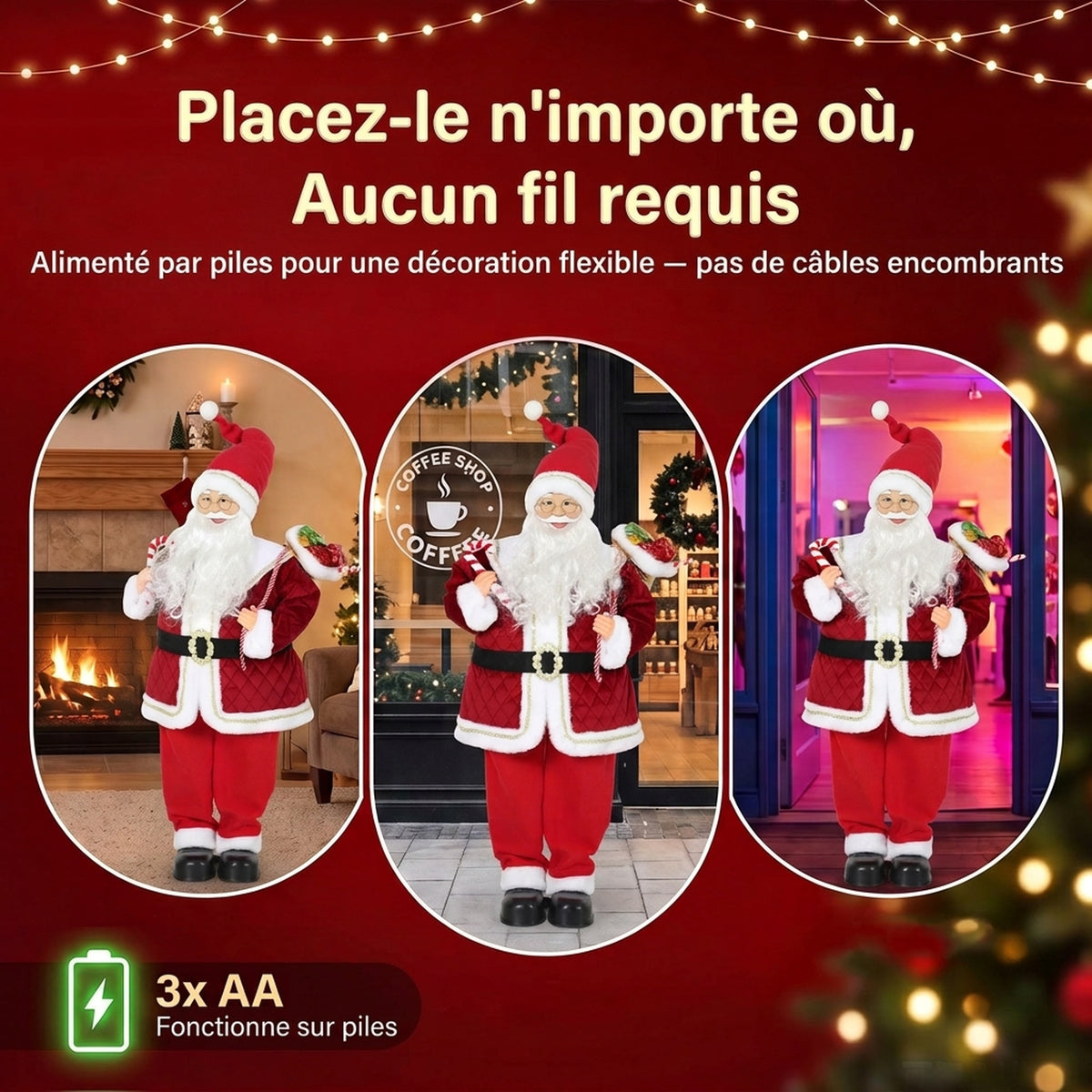 120 cm-tako Aita Noel animatua musikarekin, Gabonetako apaingarri kantari buru-mugikorra, soinu eta ukimen bidez aktibatzen dena, gorria