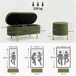 Banc de rangement, bout de lit en velours avec couvercle, pieds en métal, capacité 72 L, 107x42x45,5cm, vert foncé