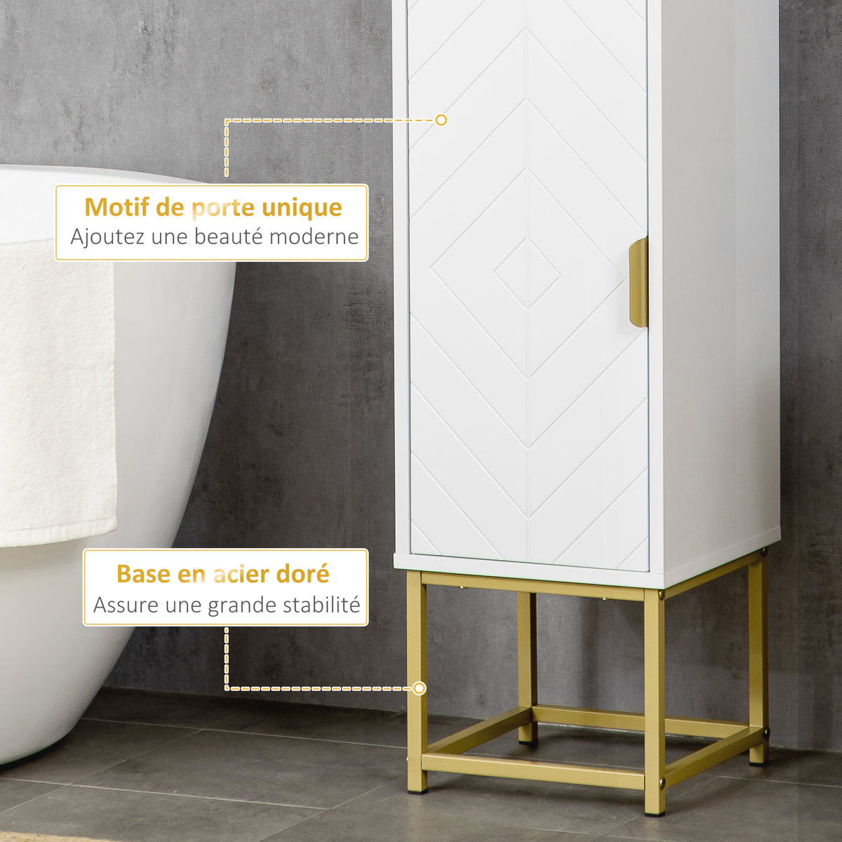 Meuble colonne rangement salle de bain avec niche et 2 placards étagère réglable pieds en acier