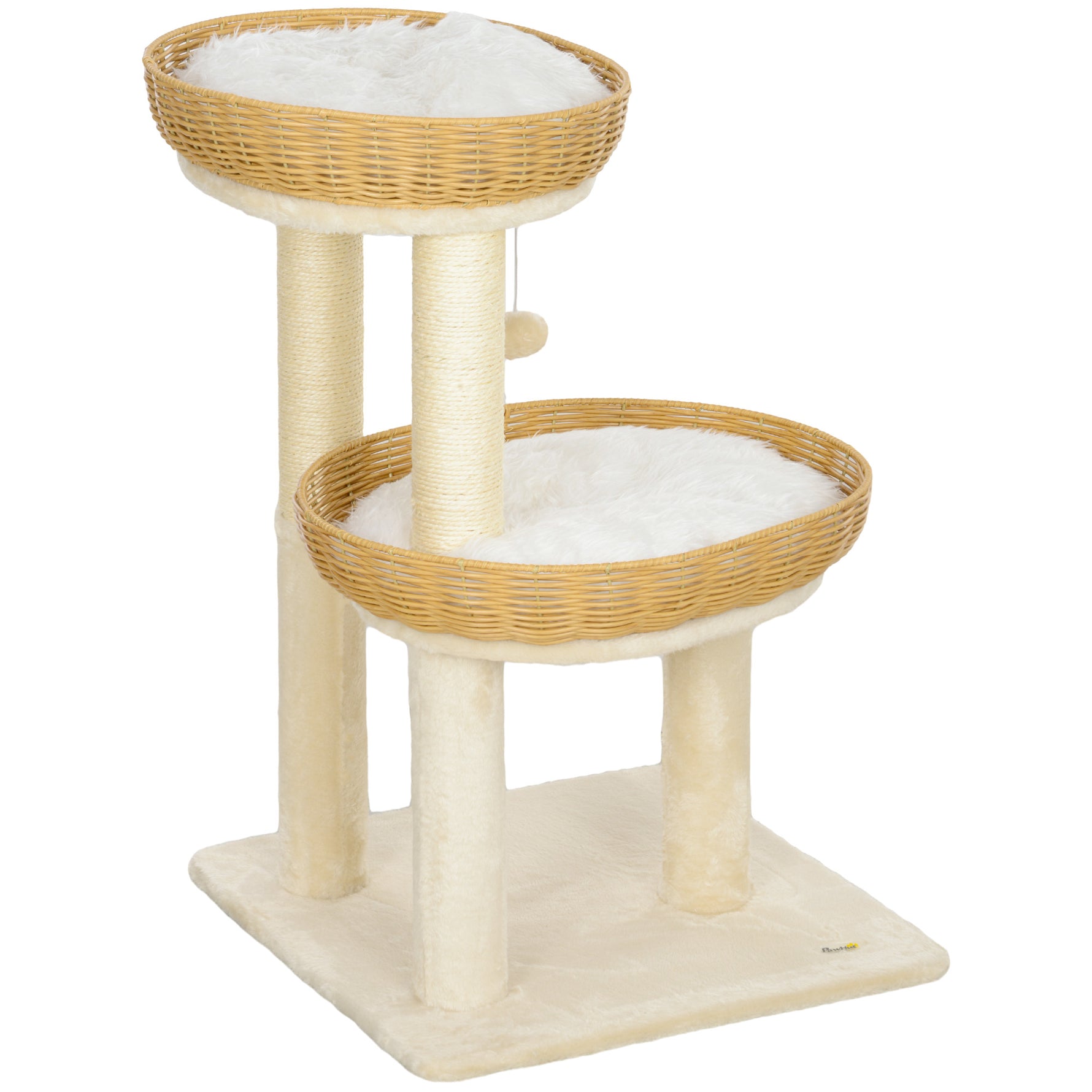 Arbre à chat arbre à grimper hauteur de 75,5 cm avec deux lits pour chat en rotin griffoirs coussins lavables beige