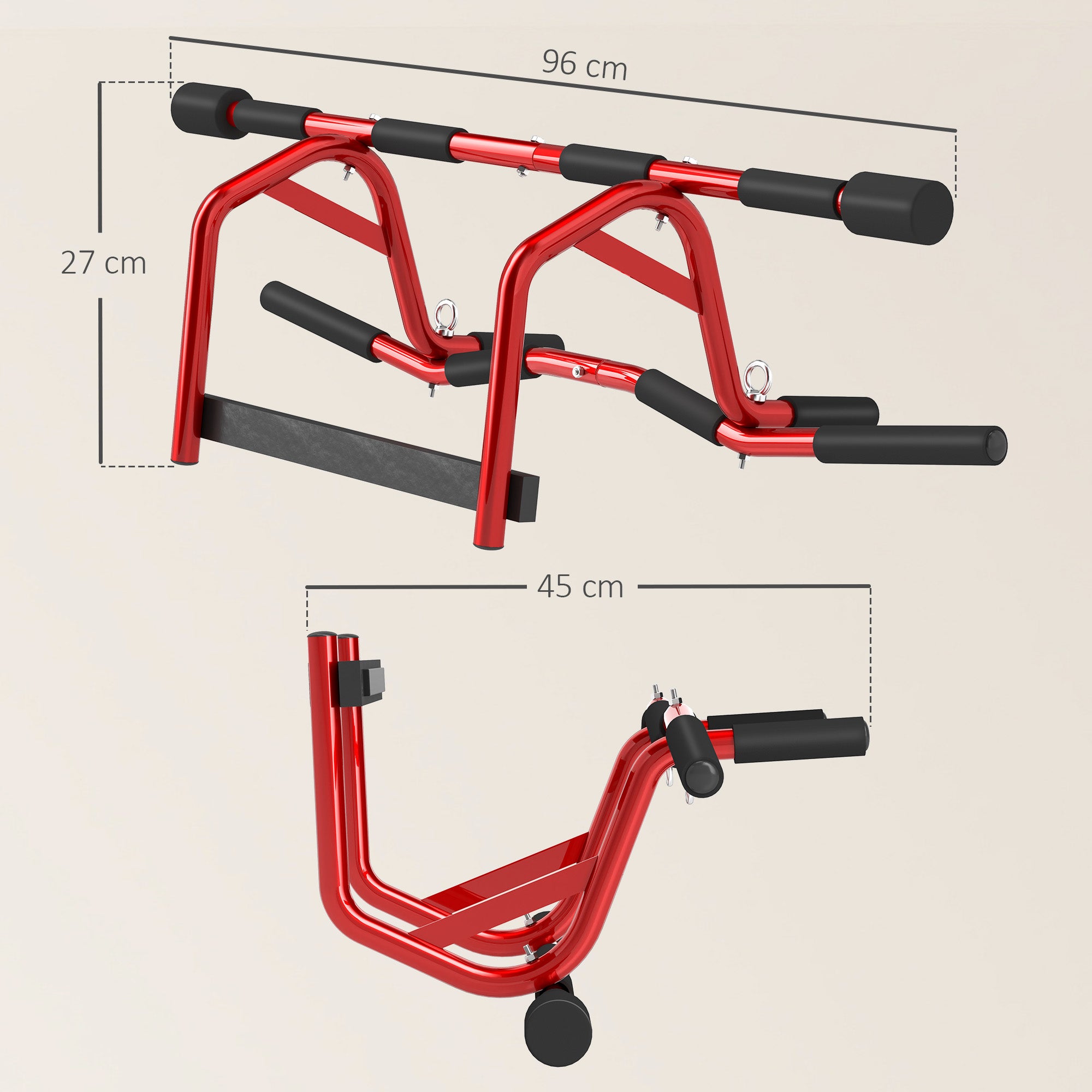 Türzugstange und Bodenliegestützstange ohne Bohren Pull-Up-Bar 2 in 1 150 kg Sturzsicherung 96x46x30,5cm Rot