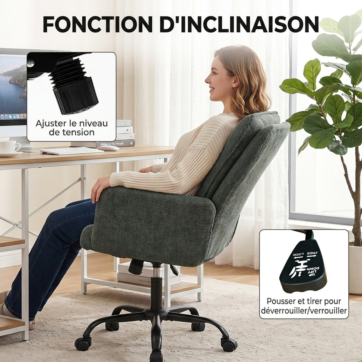 Chaise Bureau Ergonomique, Fauteuil de Bureau avec Hauteur Réglable, Assise Large, Fonction Bascule, Vert Foncé