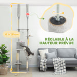 Arbre à chat du sol au plafond griffoir pour chat hauteur réglable 225-255 cm 6 niveaux avec niche hamac gris clair