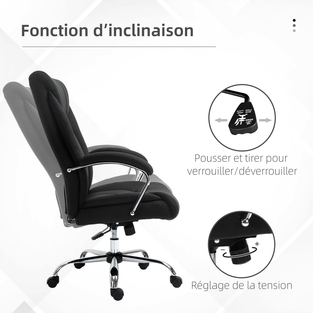 Fauteuil de bureau, chaise de bureau ergonomique, hauteur réglable, dossier haut, fonction de bascule, 65x78x118cm, noir