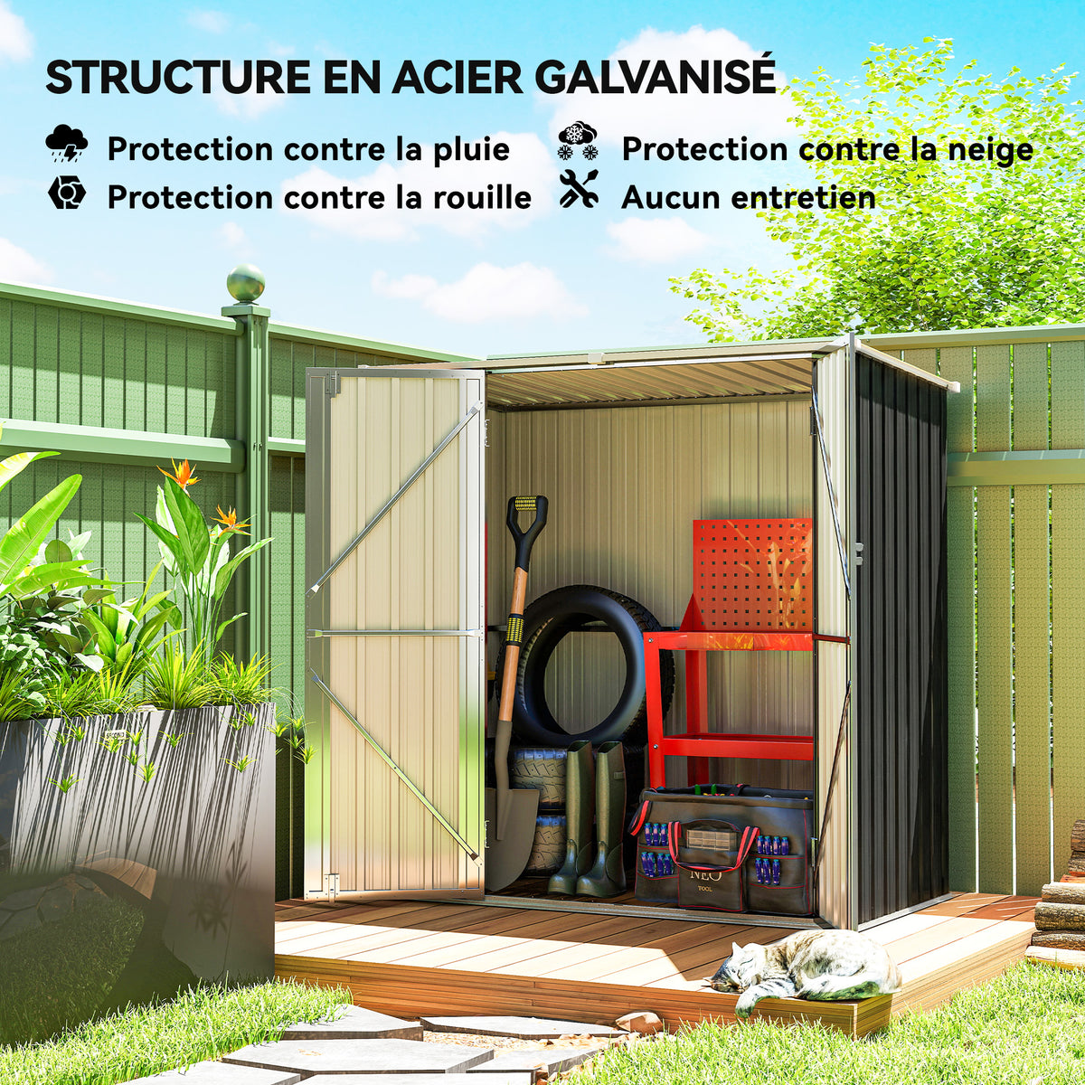 Metal Garden Shed 1.37m², Sloped Roof, 2 Lockable Doors, Gloves, UV-Resistant, 163x89x163cm, Dark Gray