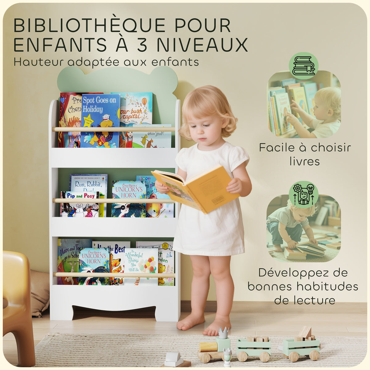 Bibliothèque pour enfant, rangement livre enfant 3 niveaux pour salle de jeux, chambre d'enfant, vert