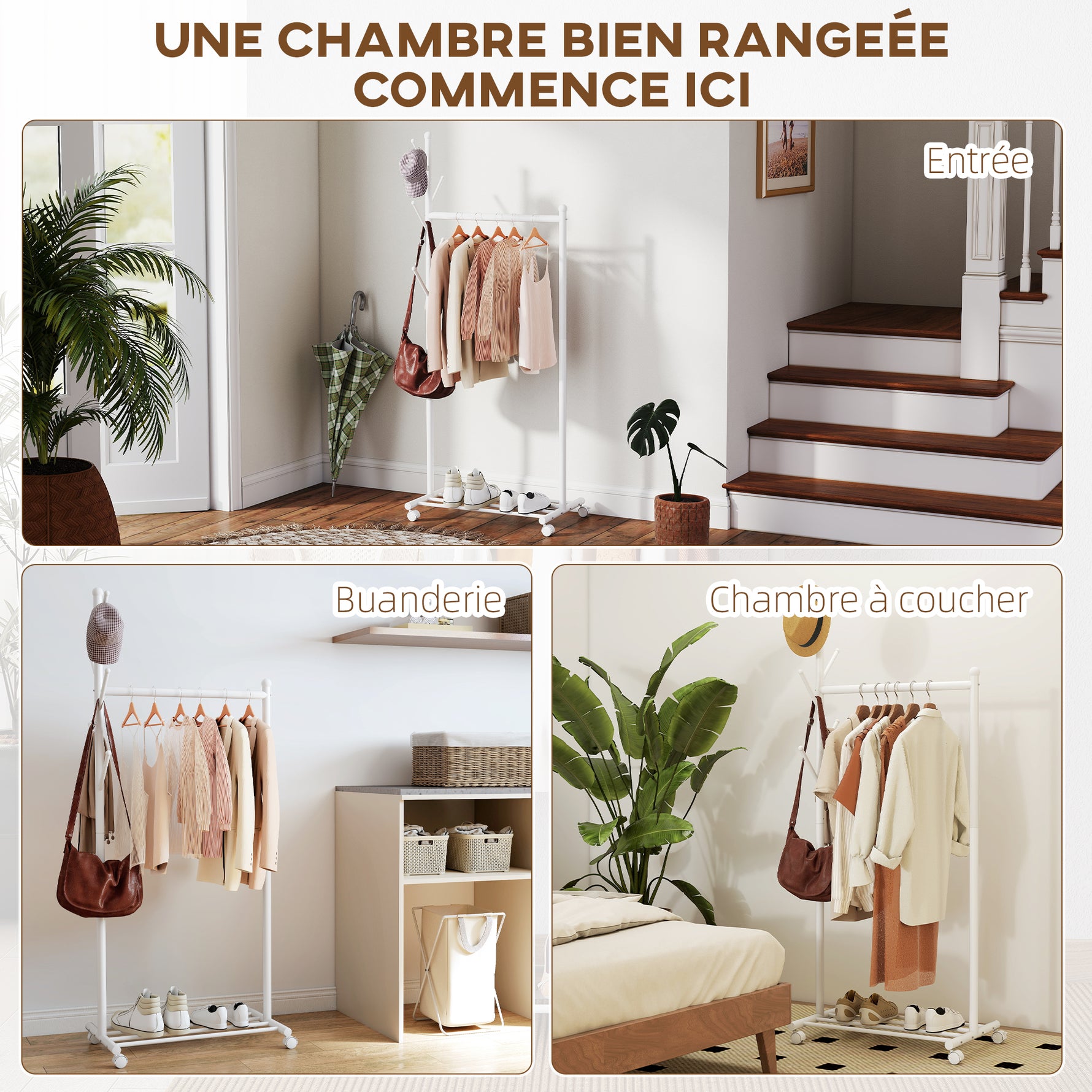 Portant à vêtements, porte-manteau sur roulettes avec étagère à chaussures et 5 crochets, 68 x 43 x 171 cm, blanc