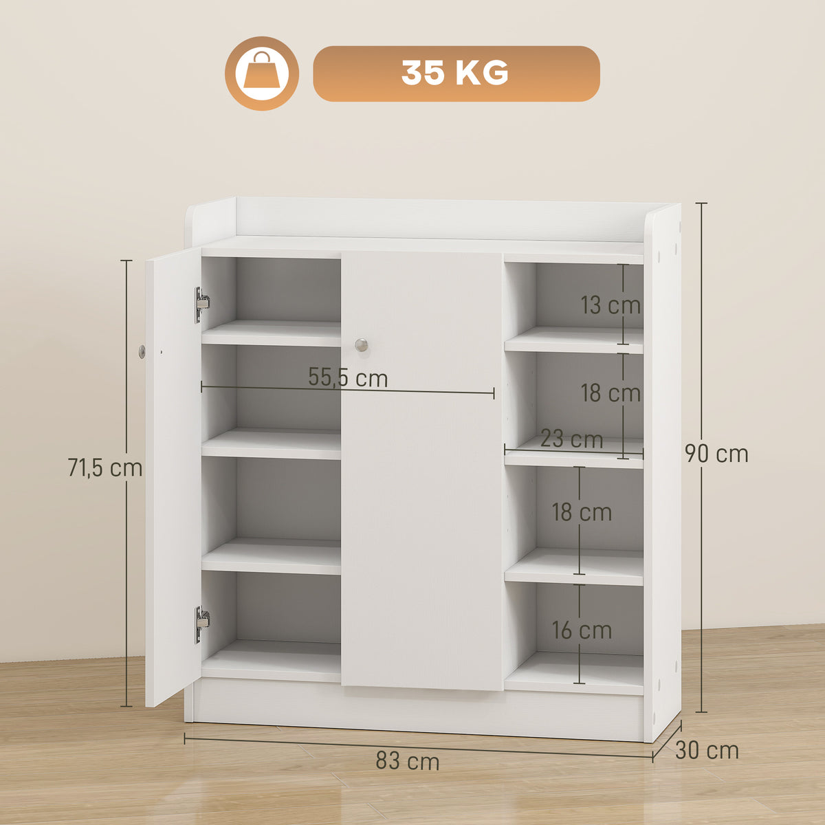Meuble de rangement à chaussures pour entrée 12 paires - armoire à chaussures avec 4 compartiments ouverts et placard double porte - étagère réglable - 83L x 30l x 90H cm - blanc