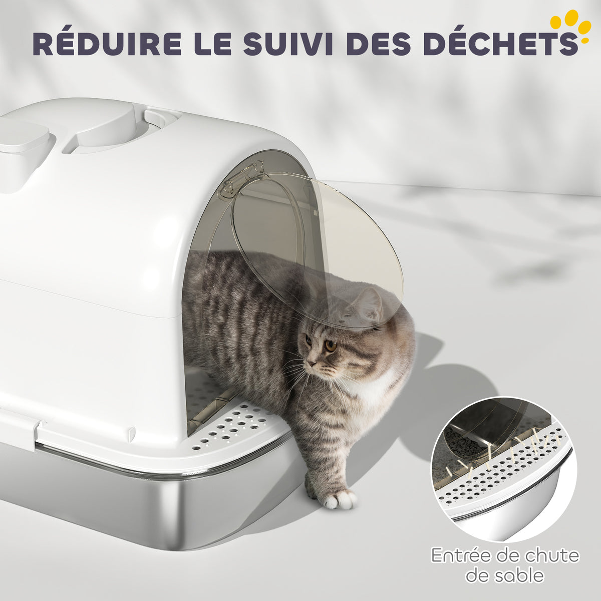 Maison de toilette pour chat bac à litière fermé bac acier inoxydable, nettoyage facile, 52,4 x 41,3 x 39,9 cm, blanc