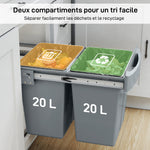 Poubelle cuisine, poubelle sous évier coulissante encastrable avec 2 x 20 L compartiments amovibles, 52x33,5x41cm, gris