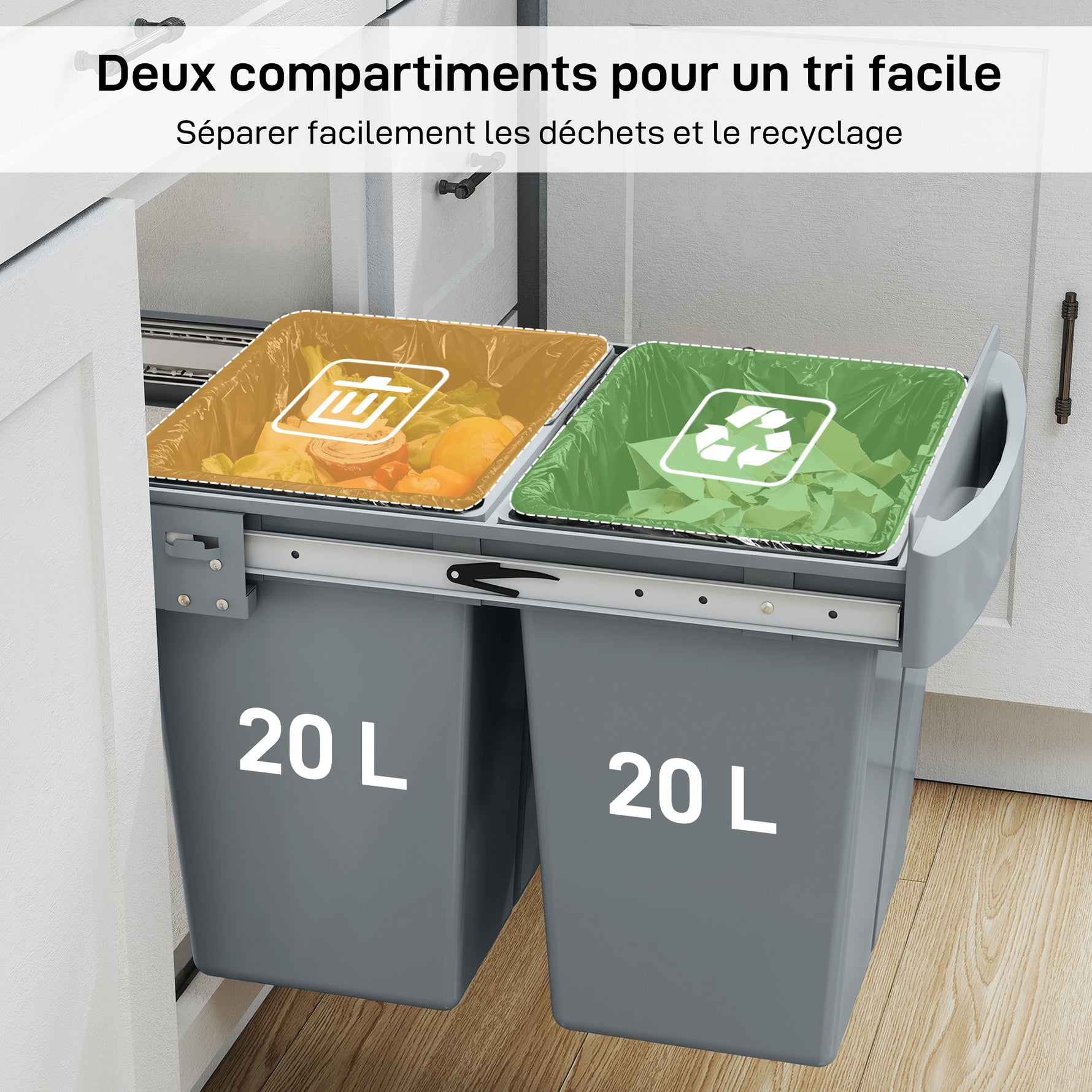 Poubelle cuisine, poubelle sous évier coulissante encastrable avec 2 x 20 L compartiments amovibles, 52x33,5x41cm, gris