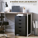 Caisson bureau mobile, meuble rangement bureau sur roulettes, 5 tiroirs, 40 x 40 x 67 cm, noir