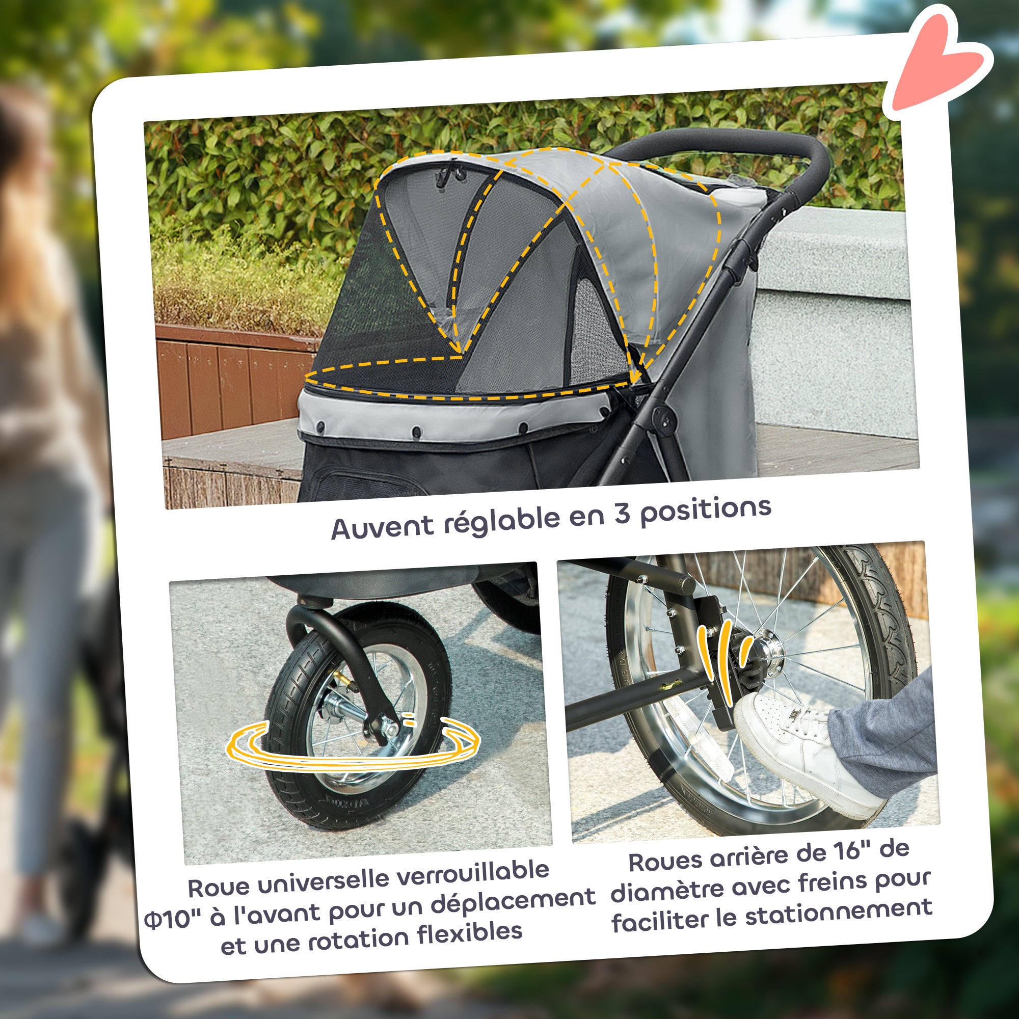 Poussette pour chien pliable avec panier de rangement, coussin lavable, roues en caoutchouc et auvent réglable, gris