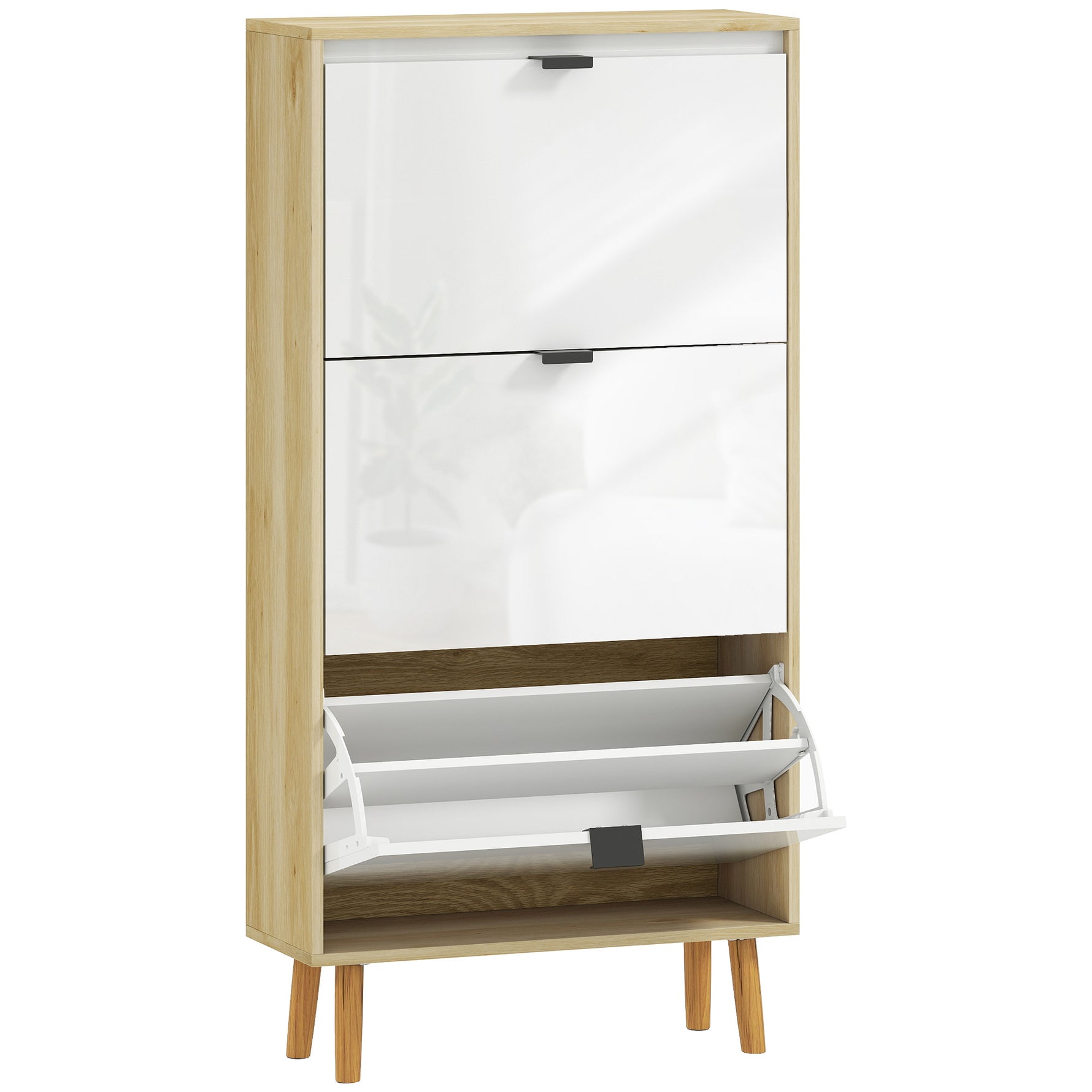 Meuble à chaussures, armoire à chaussures étroite, 3 tiroirs rabattables, porte haute brillante, 60x24x127cm, blanc