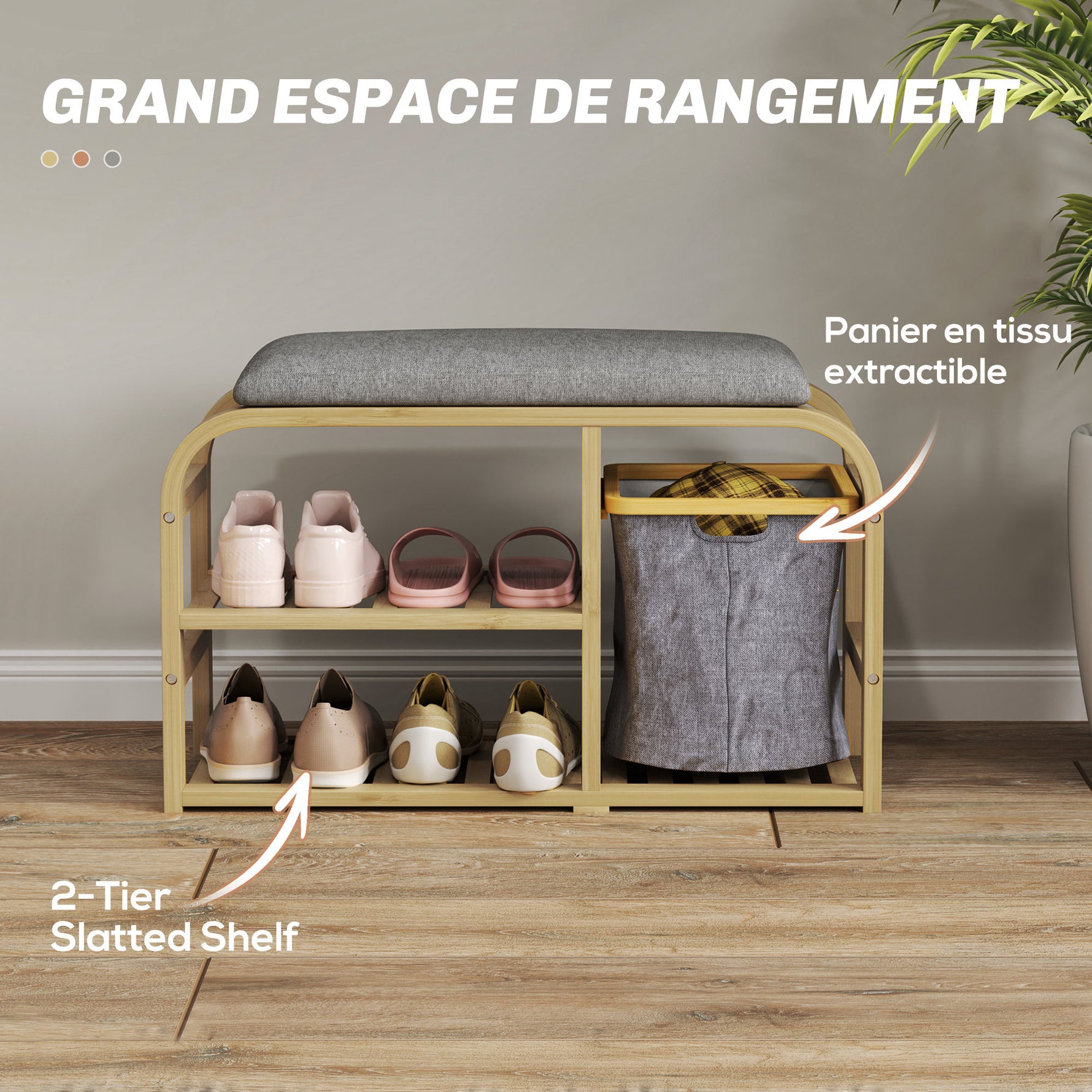Banc à chaussures avec coussin d'assise, 2 étagères à lattes et panier en tissu coulissant, 70x30x45cm, bois naturel-4