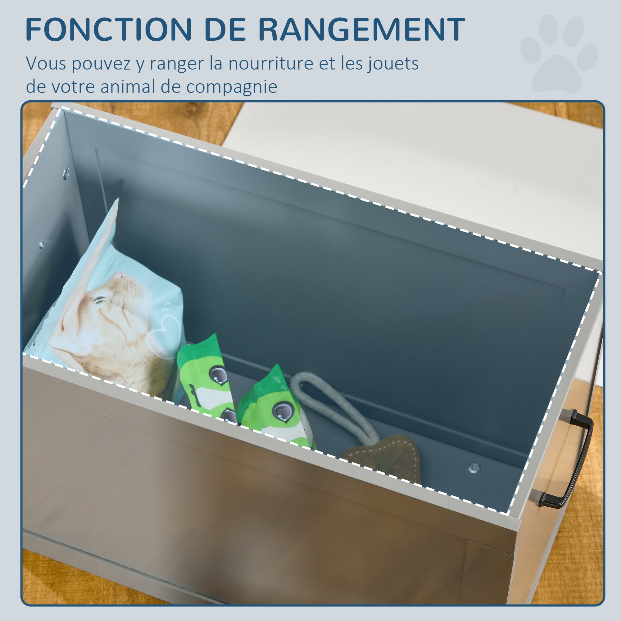 Gamelles chiens surélevées gamelle double chien chat Porte-gamelles surélevé dim. 60L x 30l x 41H cm 2 gamelles 2L poignées coffre bois gris