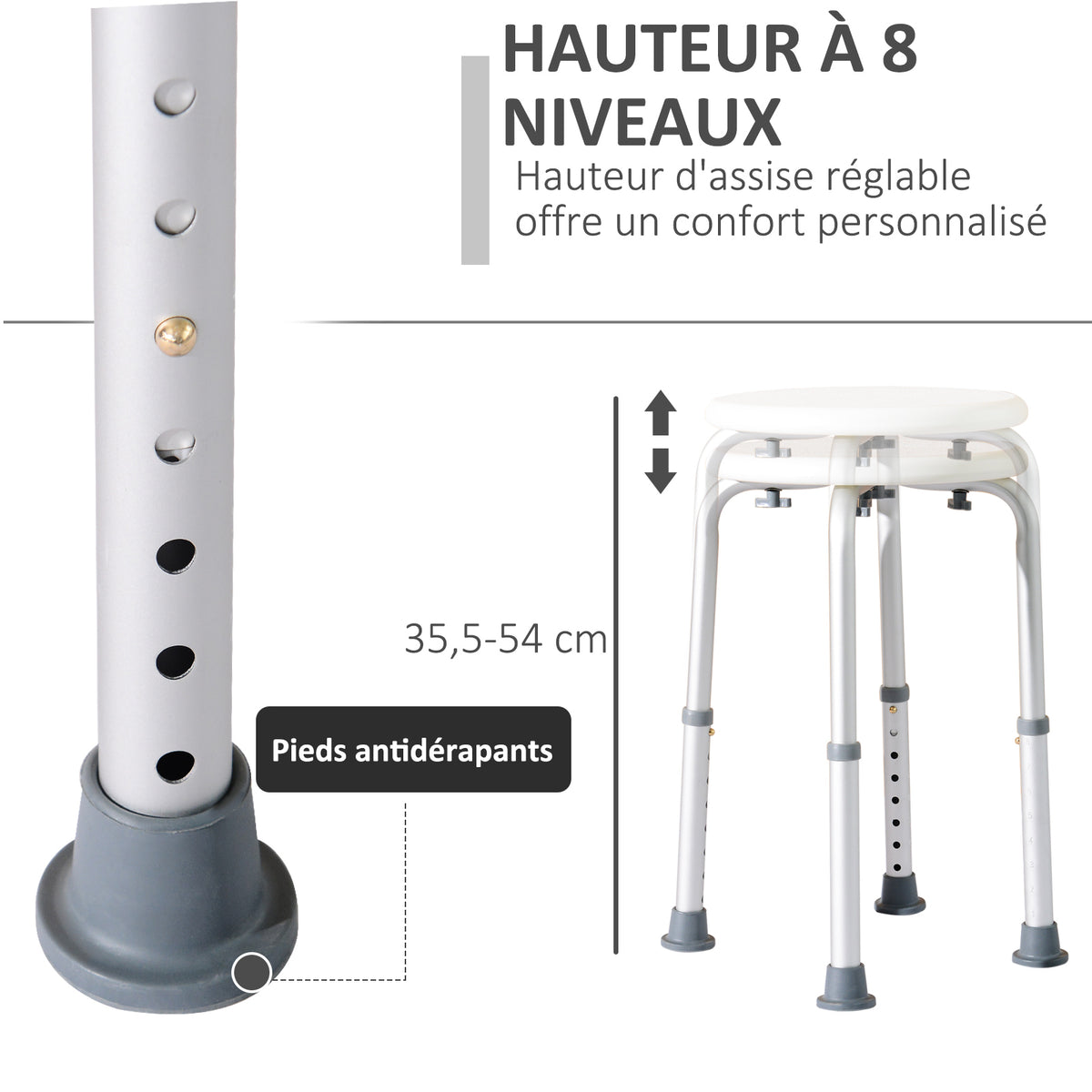 Höhenverstellbarer Duschhocker, ergonomischer Duschsitz, rutschfeste Füße, max. Belastung 136 kg, Alu/HDPE, weiß